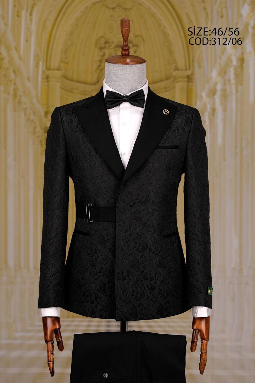 Patterned Peak Lapel Men's Tuxedo with Belt Detail thumbnail