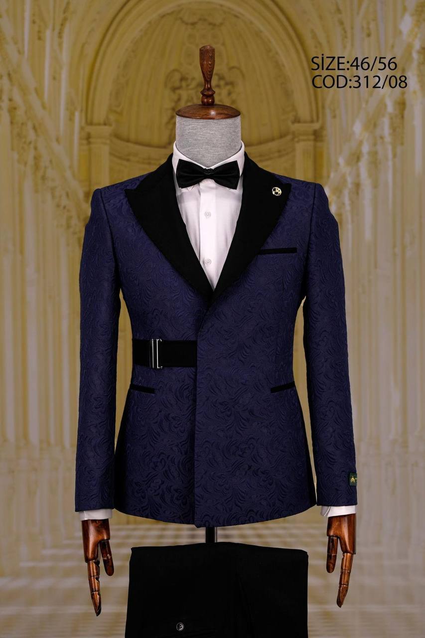 Patterned Peak Lapel Men's Tuxedo with Belt Detail thumbnail
