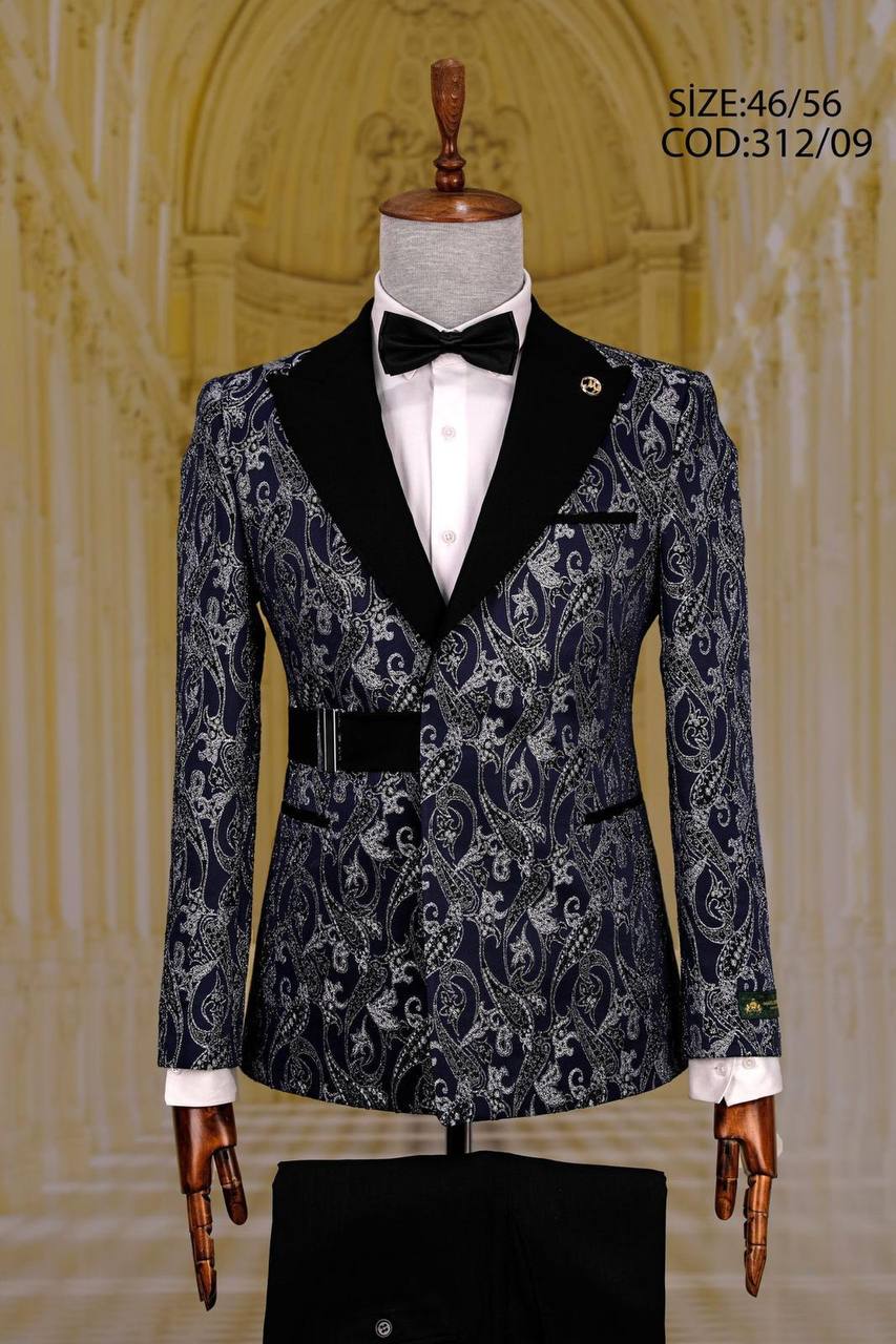 Patterned Peak Lapel Men's Tuxedo with Belt Detail thumbnail