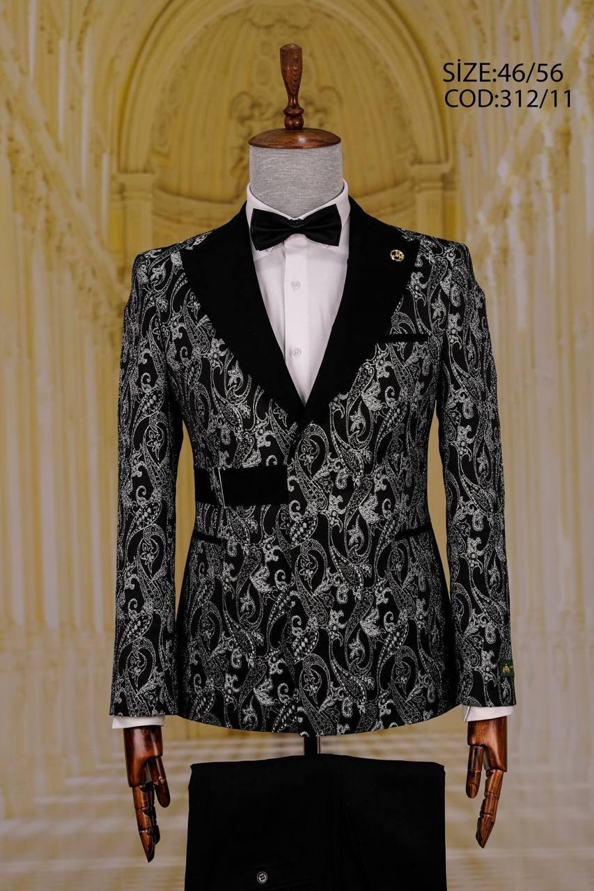 Patterned Peak Lapel Men's Tuxedo with Belt Detail thumbnail
