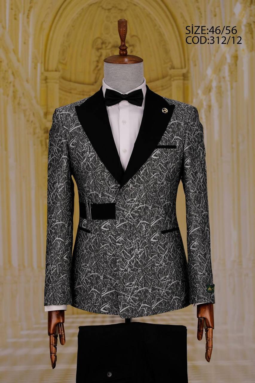 Patterned Peak Lapel Men's Tuxedo with Belt Detail thumbnail