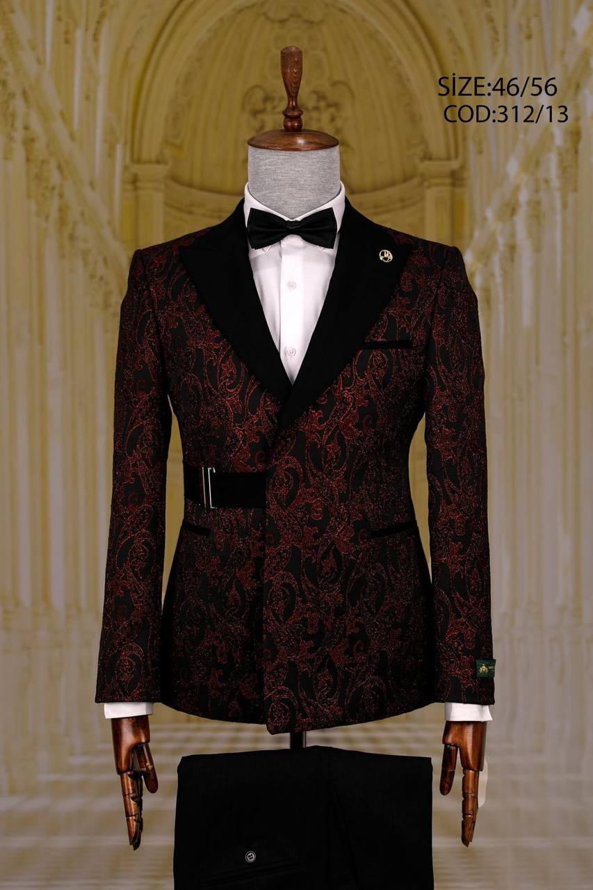 Patterned Peak Lapel Men's Tuxedo with Belt Detail thumbnail