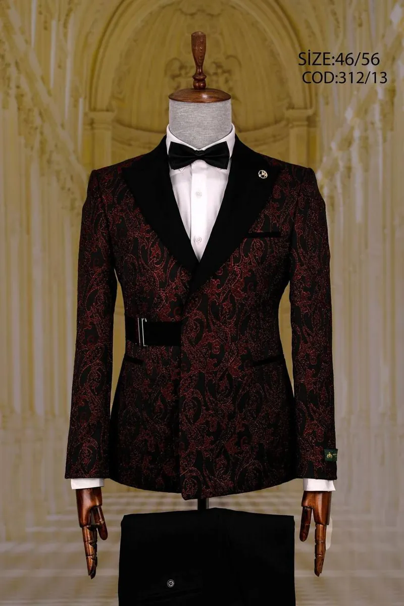 Patterned Peak Lapel Men's Tuxedo with Belt Detail – view 8