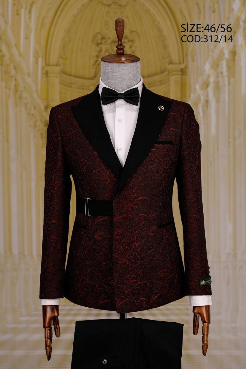 Patterned Peak Lapel Men's Tuxedo with Belt Detail thumbnail