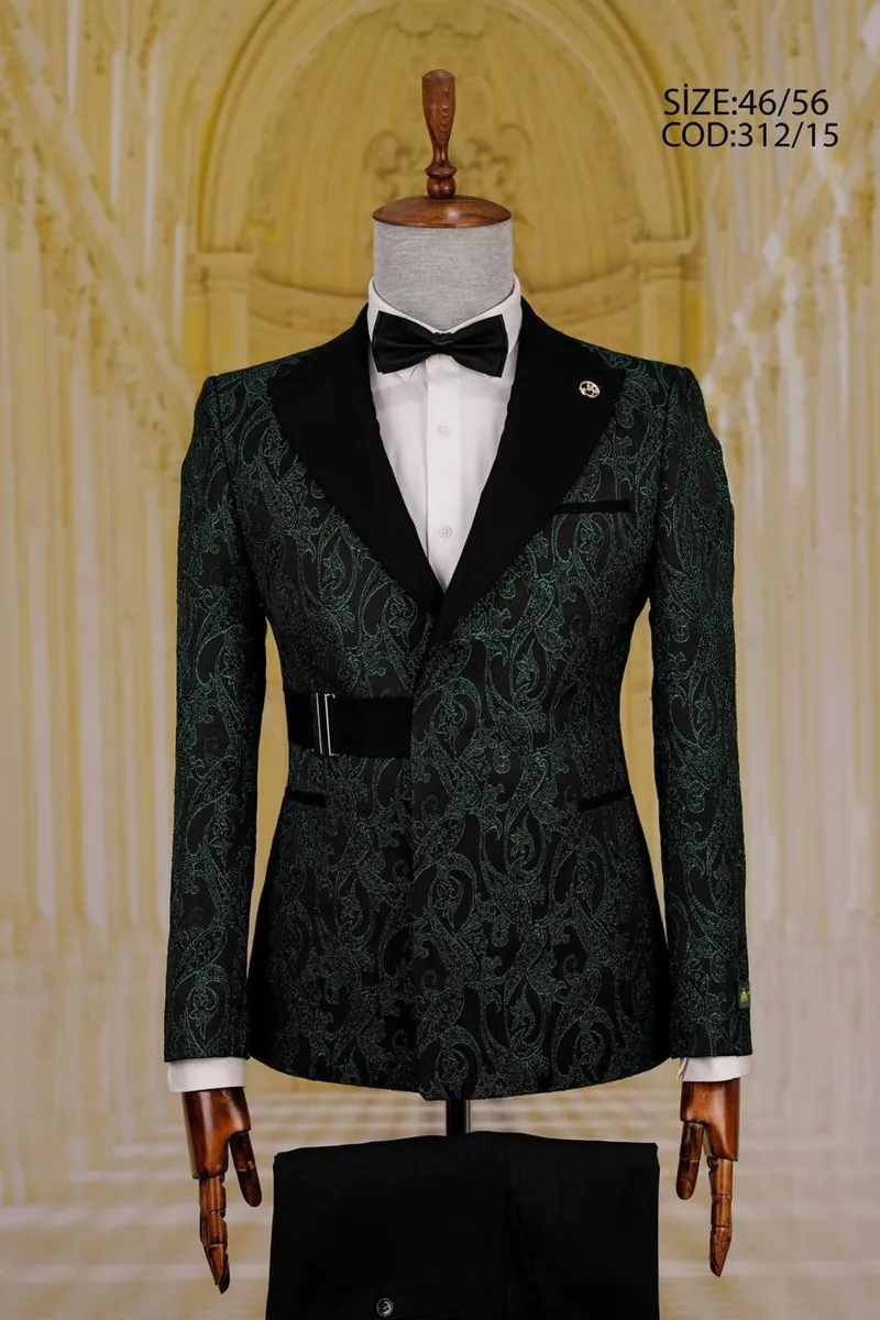 Patterned Peak Lapel Men's Tuxedo with Belt Detail – view 10