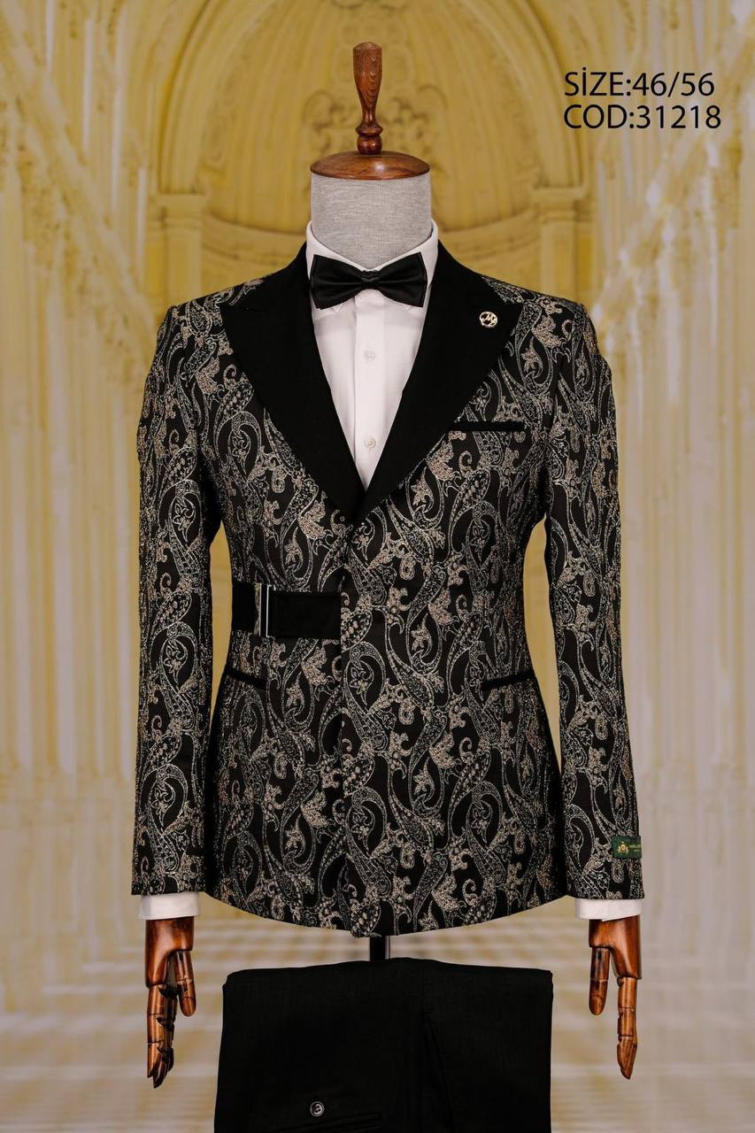 Patterned Peak Lapel Men's Tuxedo with Belt Detail thumbnail