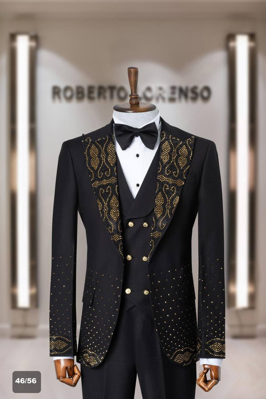 Gold Beaded Shawl Lapel Men's Tuxedo with Vest thumbnail