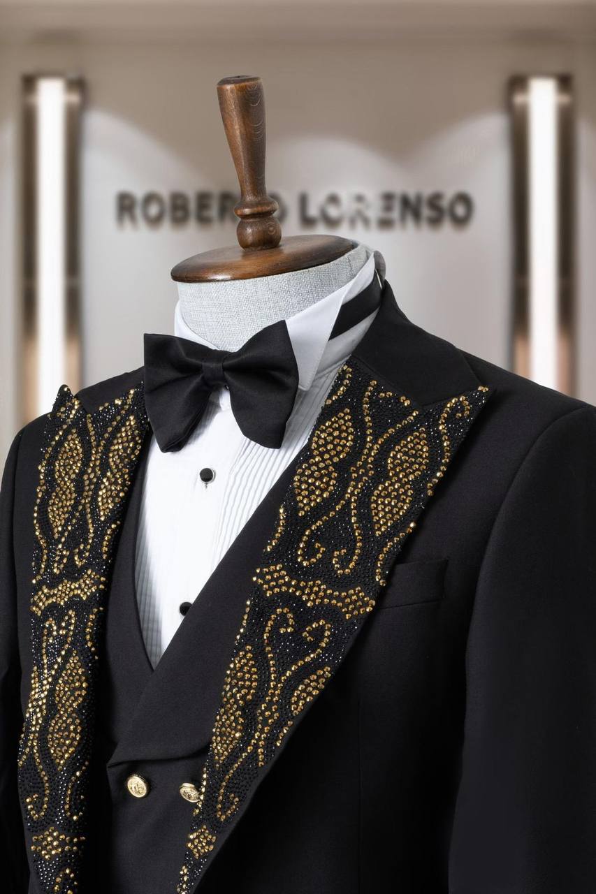 Gold Beaded Shawl Lapel Men's Tuxedo with Vest thumbnail