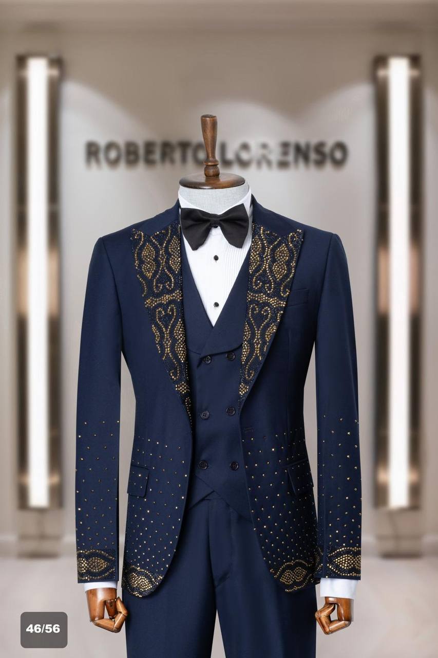 Gold Beaded Shawl Lapel Men's Tuxedo with Vest thumbnail