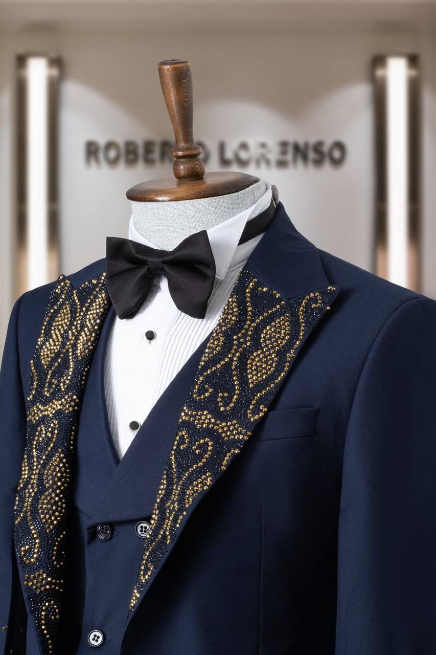 Gold Beaded Shawl Lapel Men's Tuxedo with Vest thumbnail