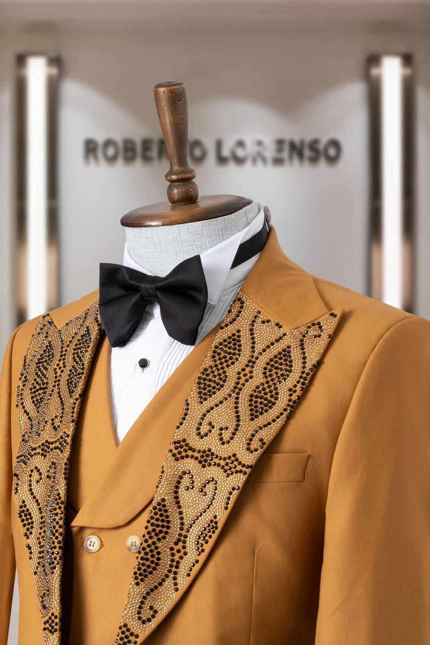 Gold Beaded Shawl Lapel Men's Tuxedo with Vest thumbnail