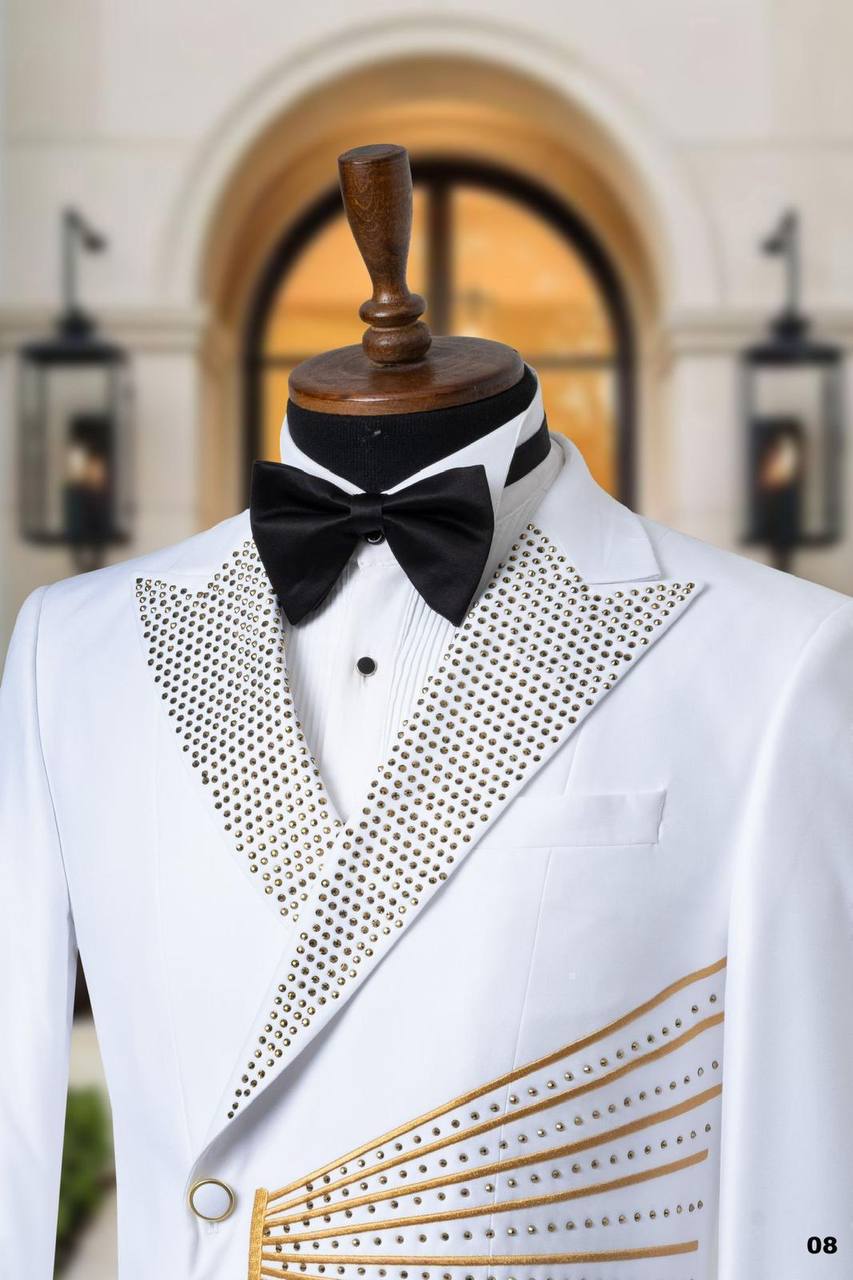 Gold Striped Avant-Garde Ceremony Tuxedo with Crystal Lapel thumbnail