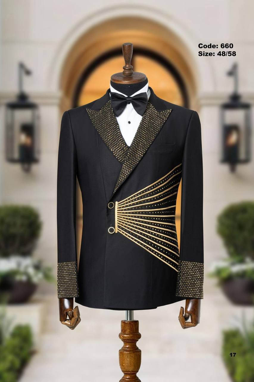 Gold Striped Avant-Garde Ceremony Tuxedo with Crystal Lapel thumbnail