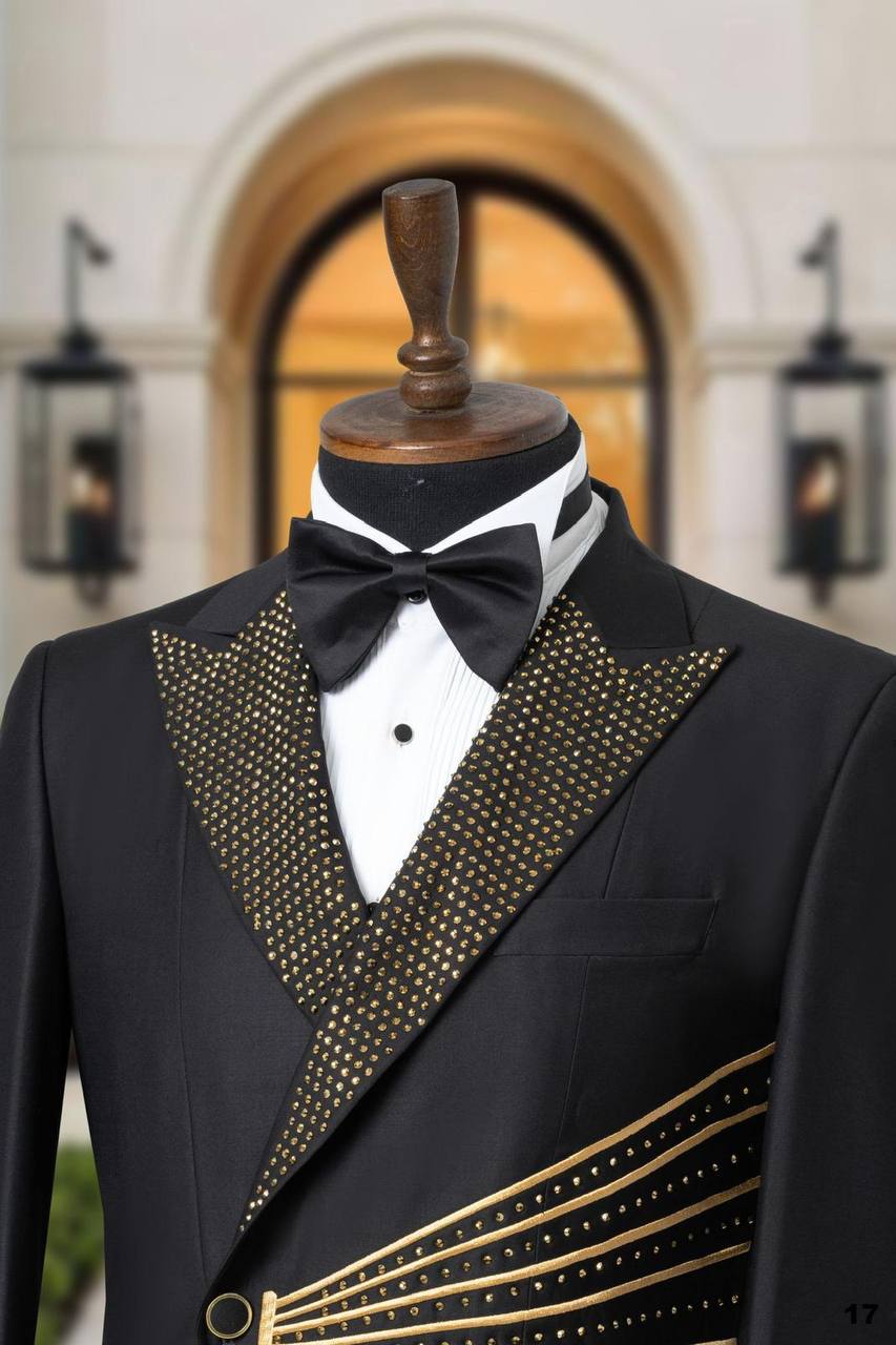 Gold Striped Avant-Garde Ceremony Tuxedo with Crystal Lapel thumbnail
