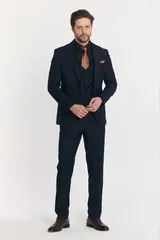 Navy Blue Three-Piece Men's Suit with Peak Lapel – view 1