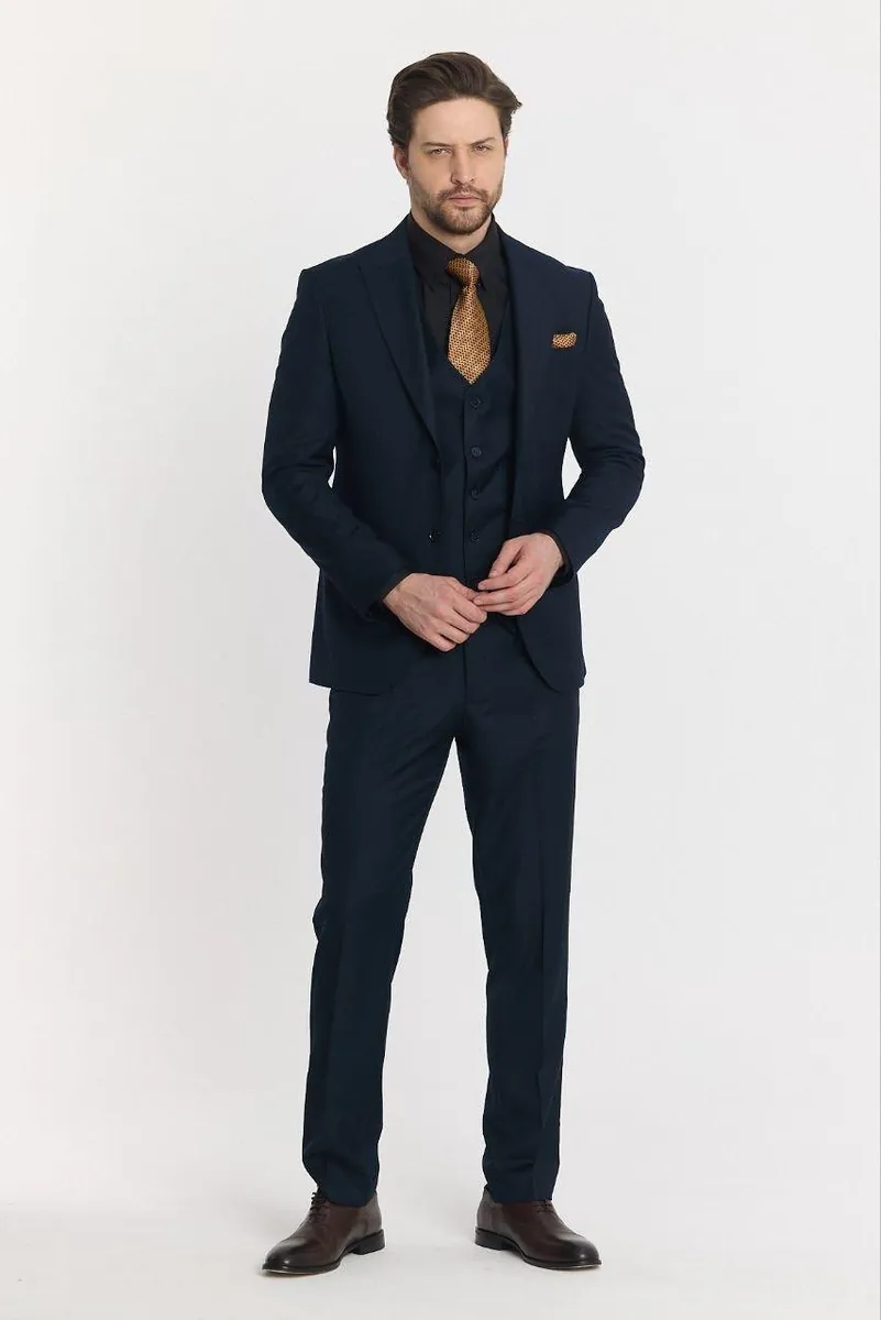 Navy Blue Three-Piece Men's Suit with Peak Lapel – Navy Blue Three Piece Suit by Mark Morente
