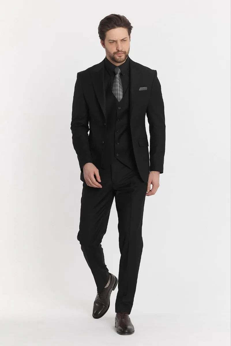 Black Three-Piece Men's Suit with Peak Lapel – Black Three Piece Suit by Mark Morente