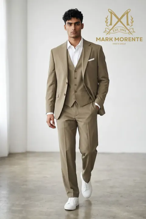 Khaki Three-Piece Men's Suit with Notch Lapel, wholesale three piece suit by Mark Morente