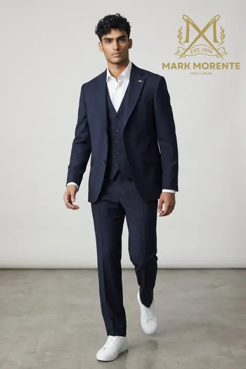 Navy Blue Two-Button Three-Piece Men's Suit, three piece suit by Mark Morente, front view