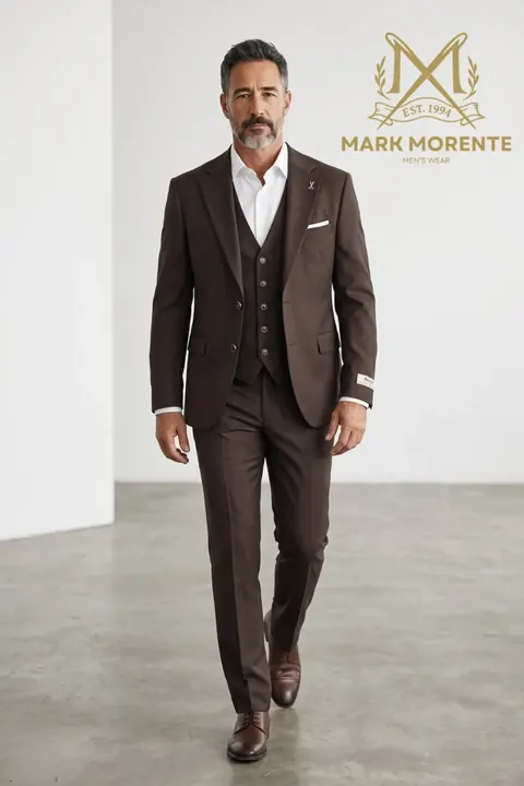Chocolate Brown Three-Piece Men's Suit, three piece suit by Mark Morente, front view