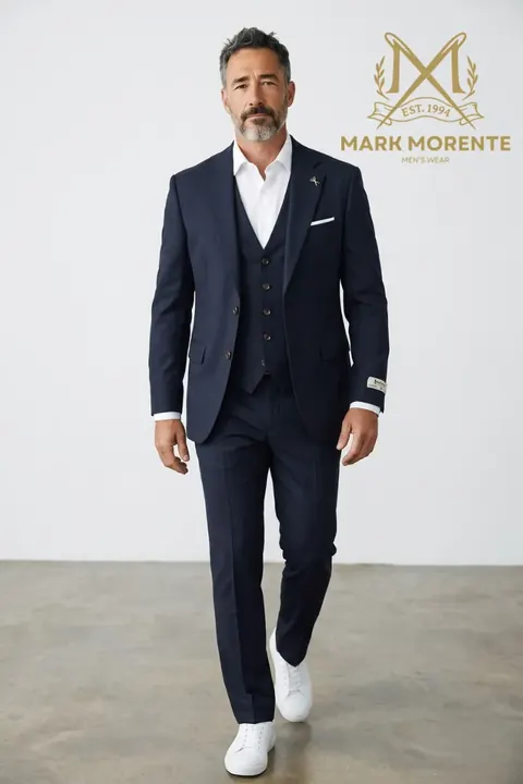 Dark Navy Three-Piece Men's Suit with Notch Lapel, three piece suit by Mark Morente, front view