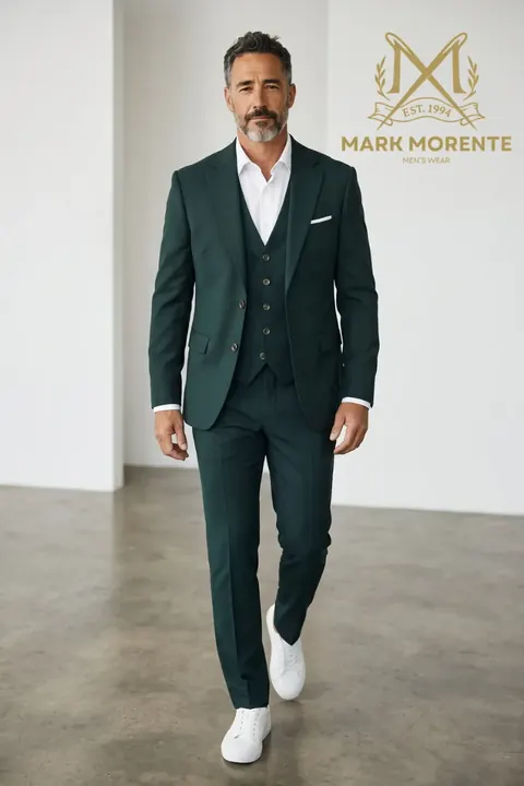 بدلة رجالية ثلاث قطع بلون أخضر زجاجي، بدلة ثلاث قطع من Mark Morente، منظر أمامي