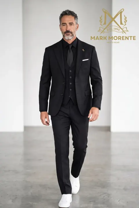 Black Three-Piece Men's Suit with Notch Lapel, three piece suit by Mark Morente, front view