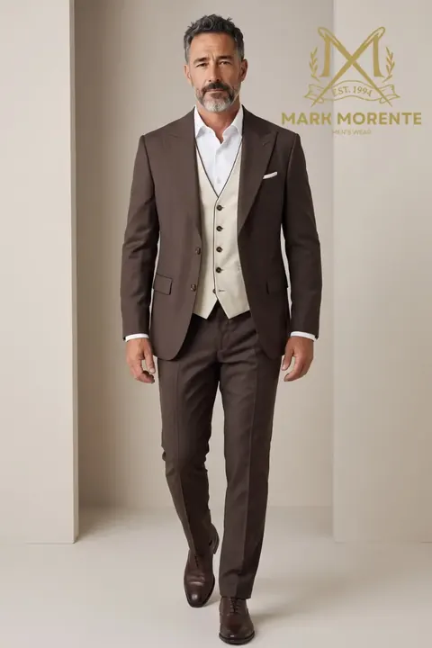 Brown Peak Lapel Suit with Cream Waistcoat, three piece suit by Mark Morente, front view