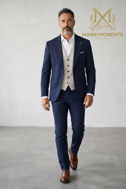 Navy Blue Peak Lapel Suit with Cream Waistcoat, three piece suit by Mark Morente, front view