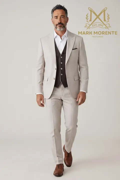 Light Stone Peak Lapel Suit with Brown Waistcoat, three piece suit by Mark Morente, front view