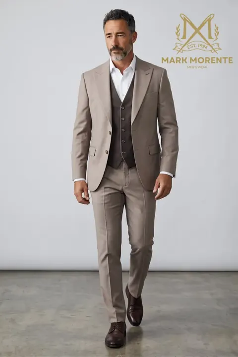 Taupe Peak Lapel Suit with Brown Waistcoat, three piece suit by Mark Morente, front view