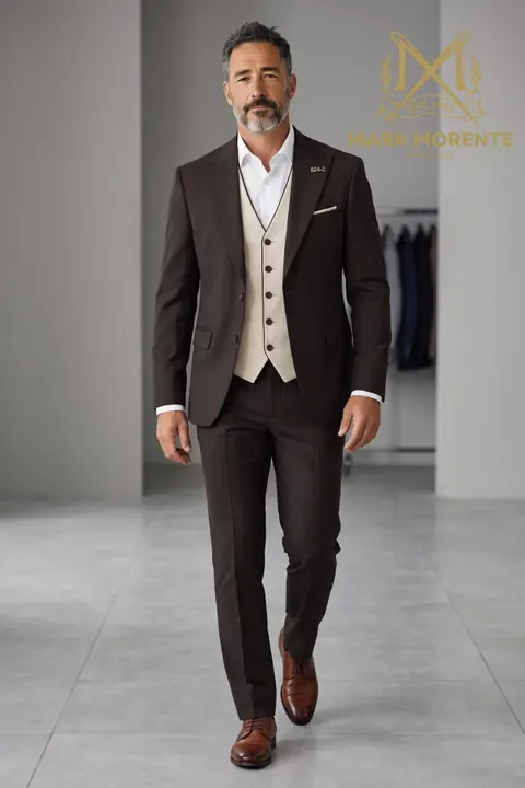 Dark Chocolate Suit with Piped Cream Waistcoat, three piece suit by Mark Morente, front view