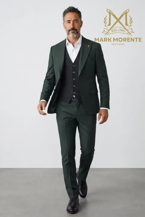 Bottle Green Peak Lapel Suit with Black Waistcoat, three piece suit by Mark Morente, front view