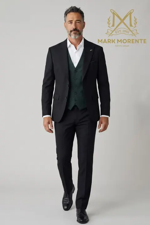 Black Peak Lapel Suit with Green Waistcoat, three piece suit by Mark Morente, front view
