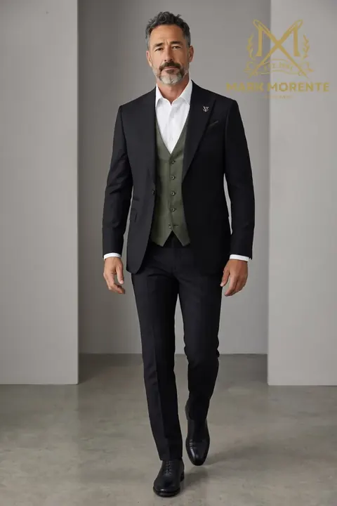 Black Peak Lapel Suit with Olive Waistcoat, three piece suit by Mark Morente, front view