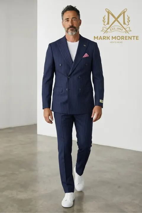 Navy Pinstripe Double-Breasted Men's Suit, double-breasted suit by Mark Morente, front view