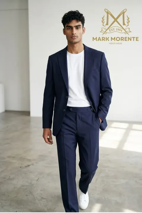 بدلة قطعتين بلون كحلي مع أبازيم تعديل جانبية، بدلة قطعتين من Mark Morente، منظر أمامي