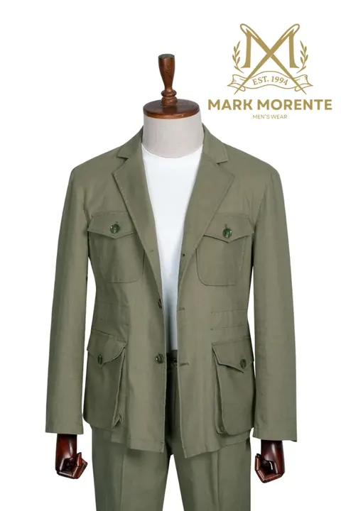 Olive Green Men's Safari Suit with Patch Pockets, safari suit by Mark Morente, front view