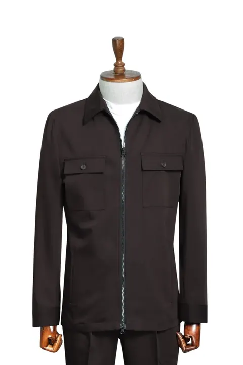 Dark Brown Zip-Front Men's Overshirt Suit, wholesale overshirt suit by Mark Morente