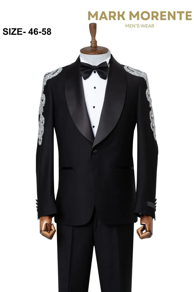 Black Silver Embroidered Shoulder Shawl Lapel Men's Tuxedo – Black Tuxedo by Mark Morente