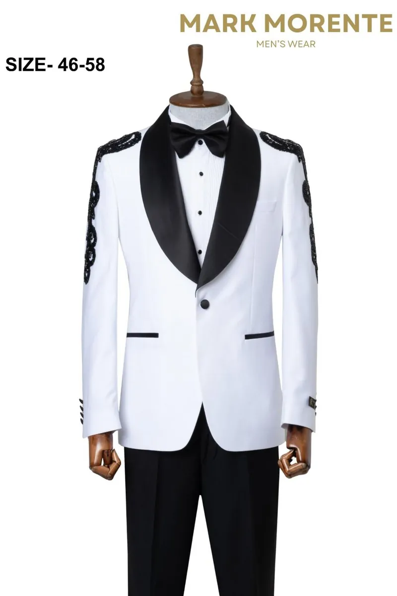White Embellished Shoulder Shawl Lapel Men's Dinner Jacket – White Dinner Jacket by Mark Morente