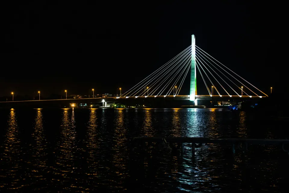 Lekki-Ikoyi Link Bridge in Lagos lit at night over the lagoon